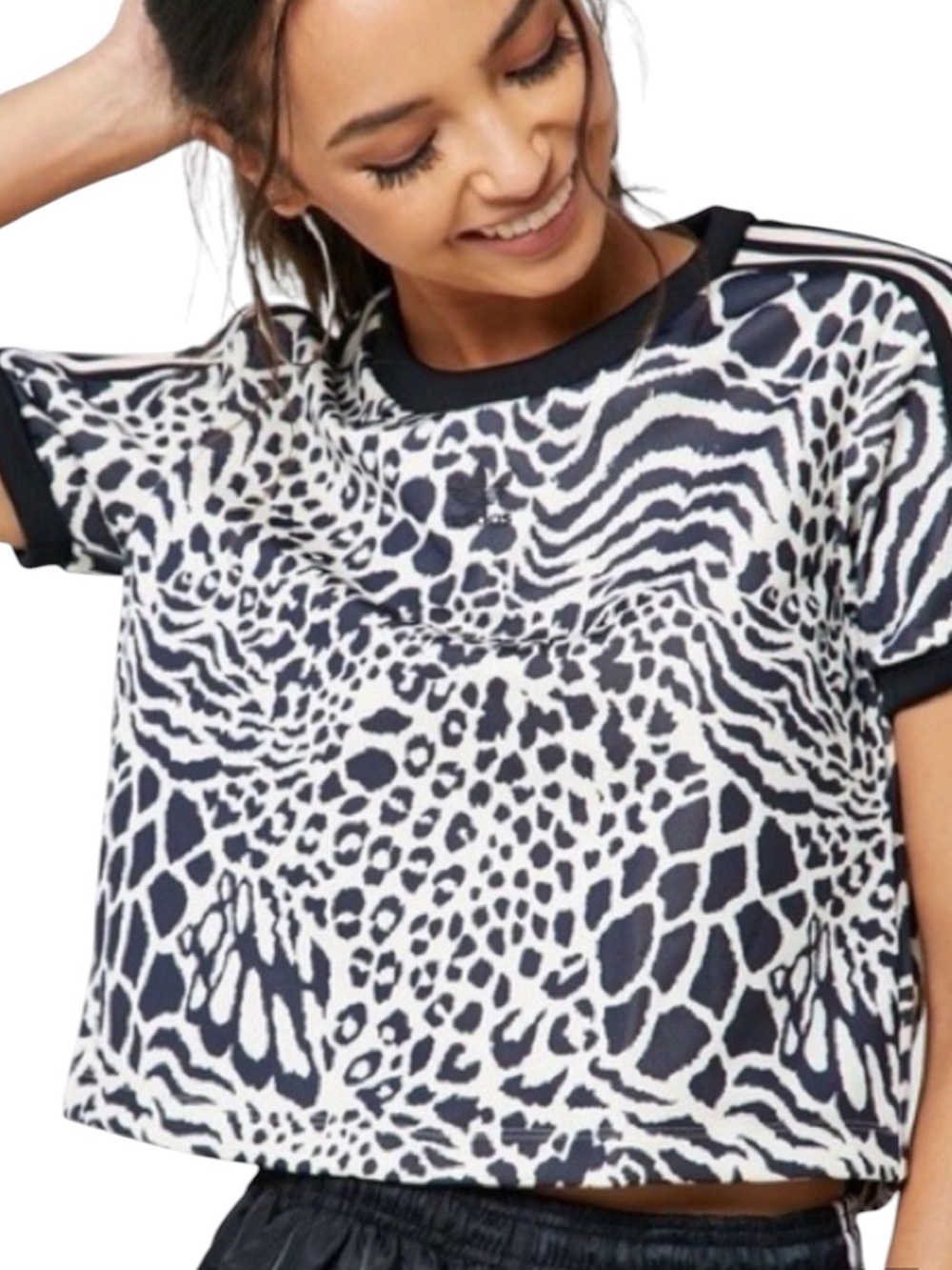 Adidas Women Sz LCream/Black Animal Print Crop Short Sleeve 3-Stripes Tee NWT